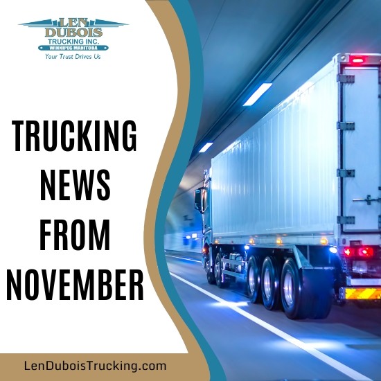 Trucking news graphic with a semi-truck and article title