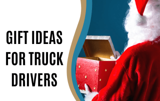 Post for Christmas gift ideas for truckers and image of Santa with a gift box.