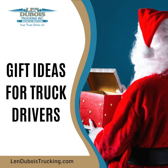 Post for Christmas gift ideas for truckers and image of Santa with a gift box.